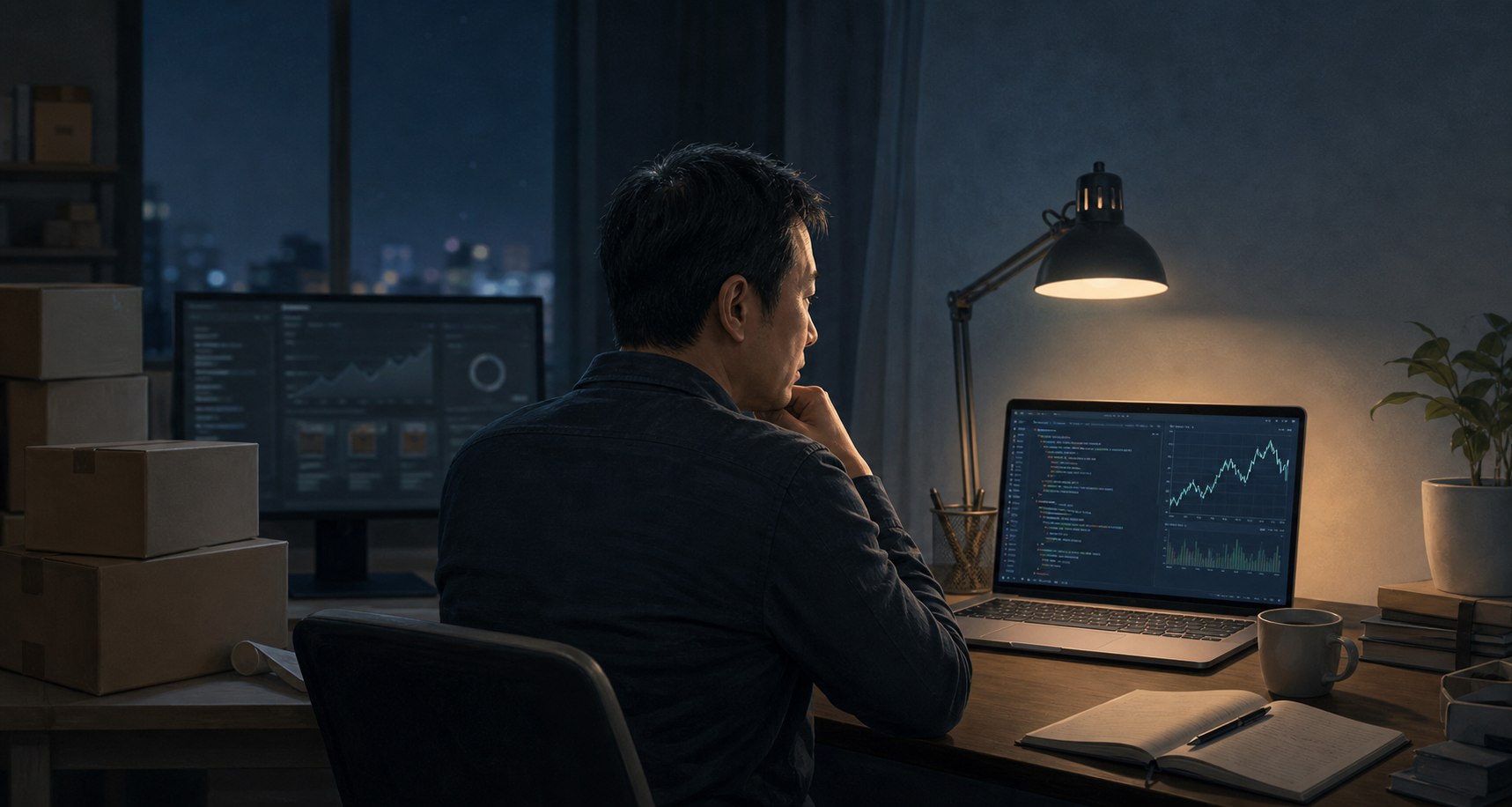 一位中年人在夜晚的书桌前研究 Python 代码和市场曲线,身后放着电商纸箱。