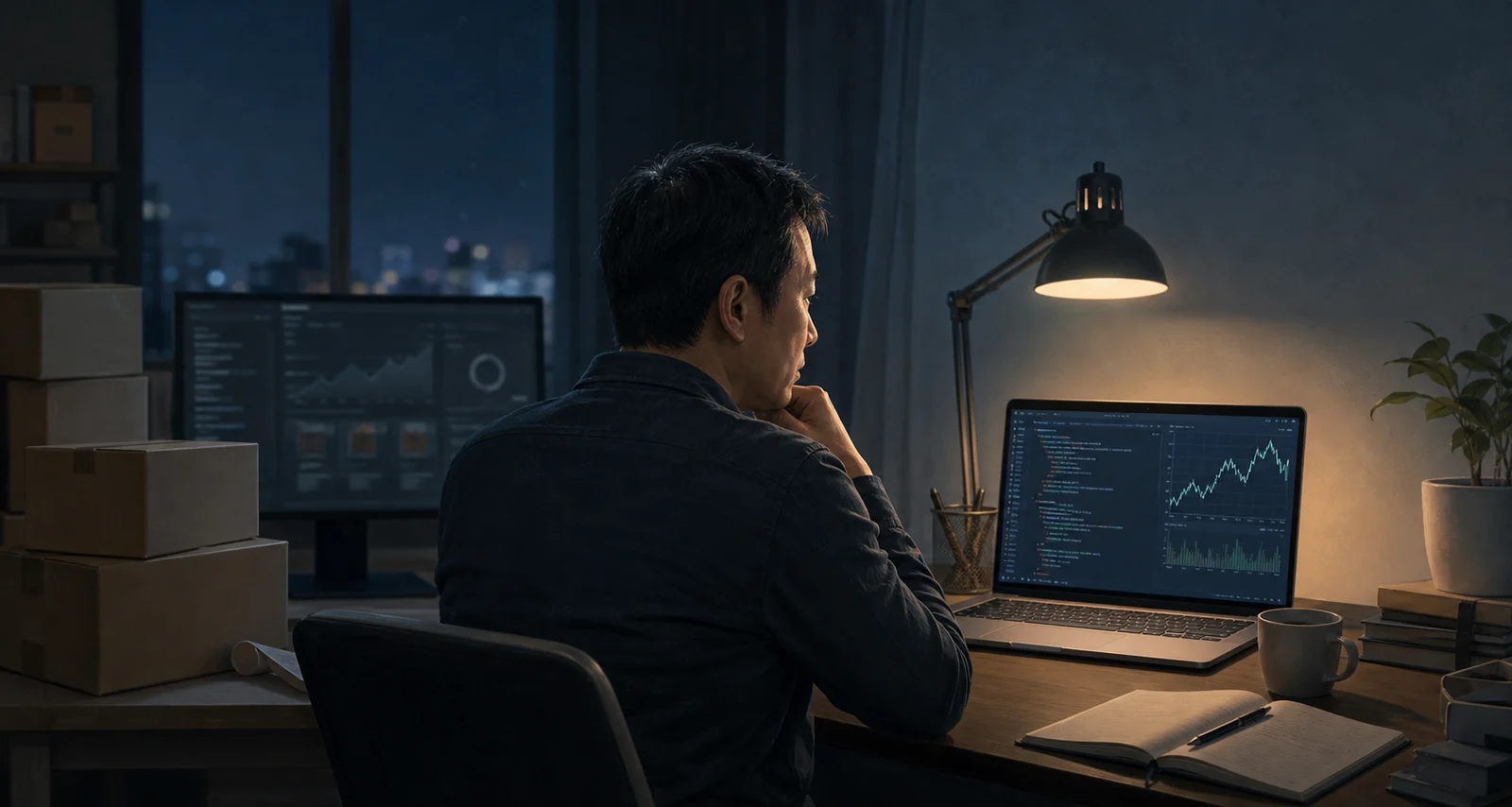 一位中年人在夜晚的书桌前研究 Python 代码和市场曲线,身后放着电商纸箱。