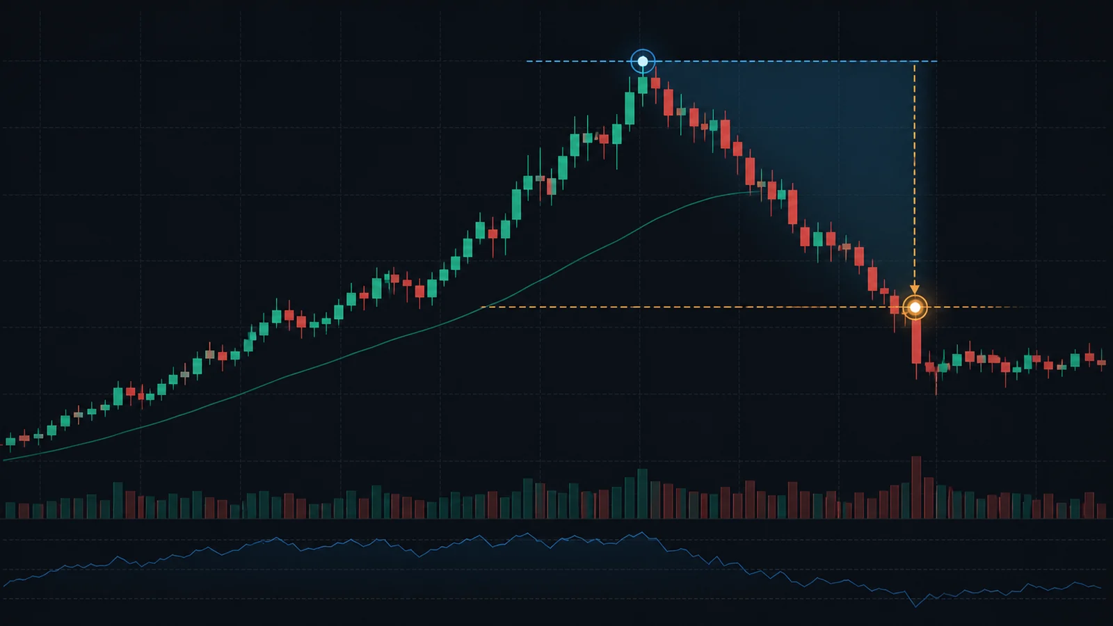 虚构的 ETF K 线先上涨至近期高点,随后回撤并在趋势破坏位置触发退出标记